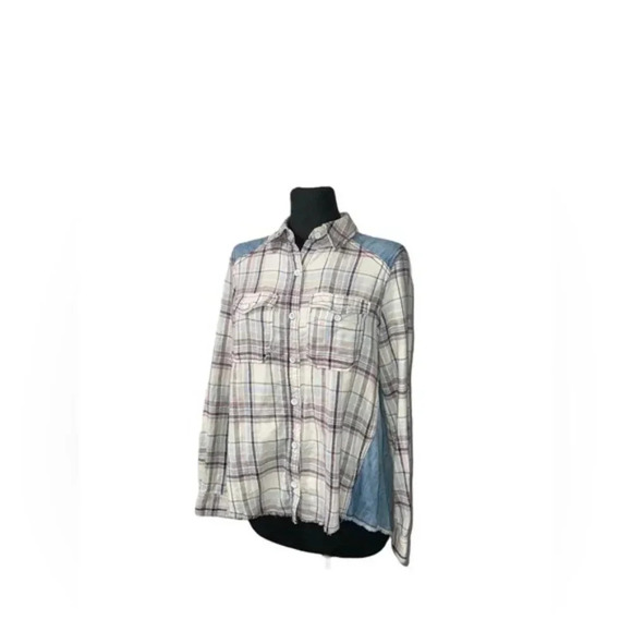M Free People Plaid Flannel Shirt with Denim Shoulders & Back - Picture 1 of 5